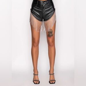 12th tribe black vegan leather shorts with rhinestone fringe